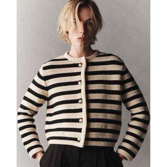 MASSIMO DUTTI striped knit cardigan Stripe gold buttons Black White CREAM M - Picture 1 of 4